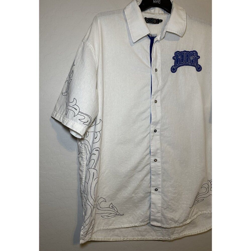 VTG COOGI Button Up Shirt 3XL Blue Embroidered Luxe Ivory Linen‎ Y2K Grunge - Picture 2 of 12